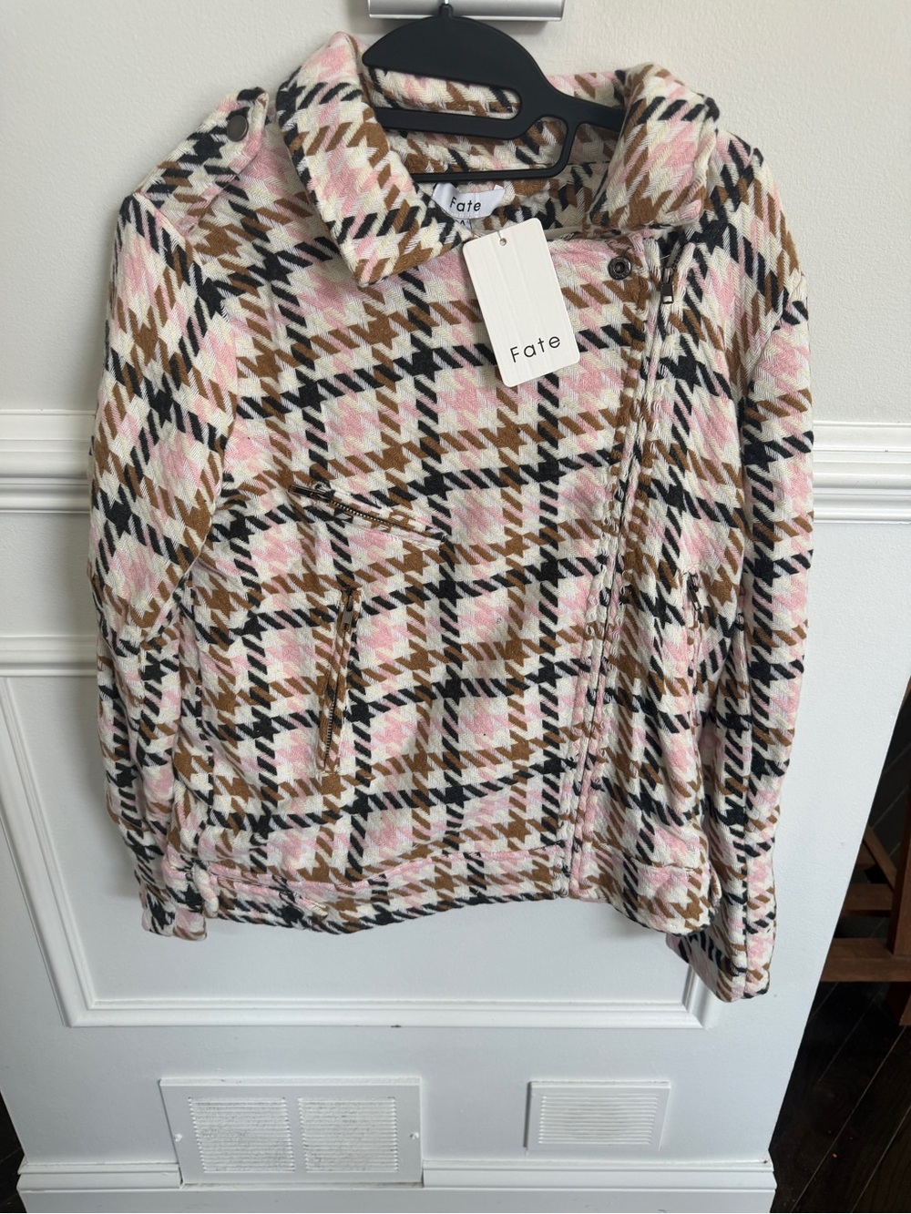 Fate Pink & Black Plaid Tweed Bomber Jacket - Picture 2 of 5